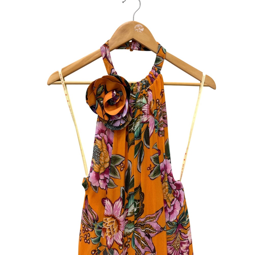 Farm Rio Wonderful Bouquet Orange Maxi Dress Floral Halter Flower Applique Small - Picture 5 of 10
